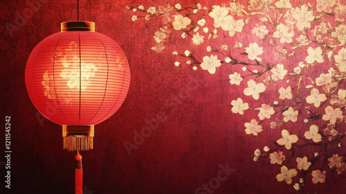 Elegant Chinese New Year greeting card with gold lantern and floral patterns