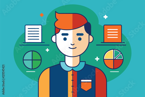 A young individual studies graphs and data charts in a vibrant and modern work environment In no time Customizable Disproportionate Illustration