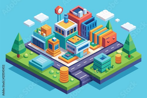 An engaging isometric cityscape features various colorful buildings and trees in a bright atmosphere In no time Customizable Isometric Illustration