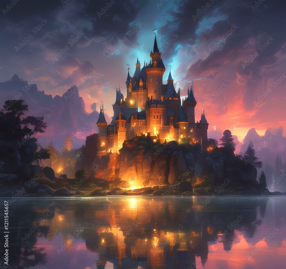 Obraz premium Illustration of glowing mystery tower castle in night.