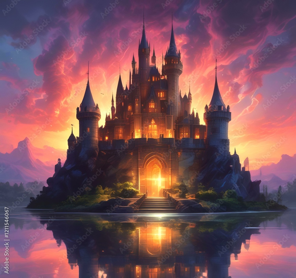 Naklejka premium Illustration of glowing mystery tower castle in night.