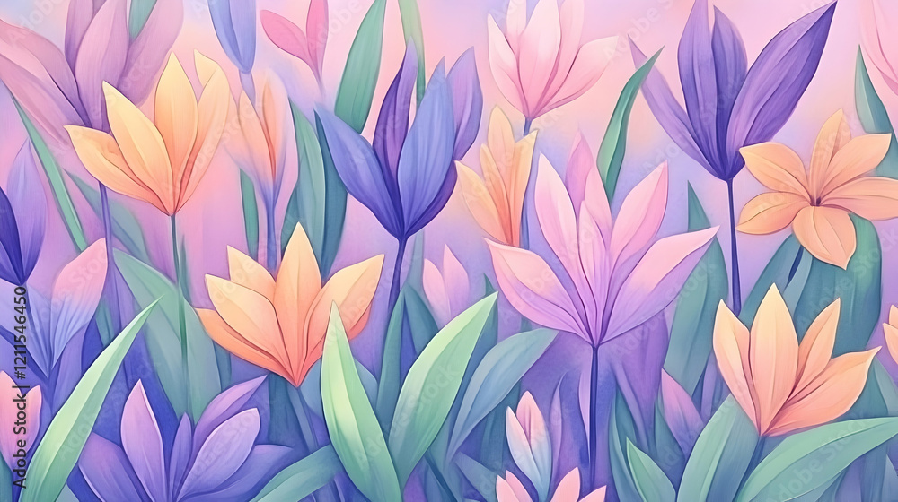 Pastel tulips blooming in a soft-lit garden, ideal for spring-themed designs Pastel tulips blooming in a soft-lit garden, ideal for spring-themed designs