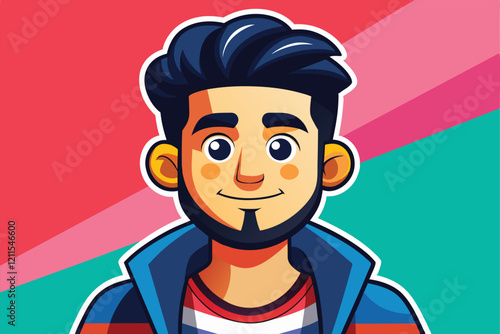 A cheerful young man with dark hair smiles while wearing casual clothing in a colorful setting Insert block Customizable Cartoon Illustration
