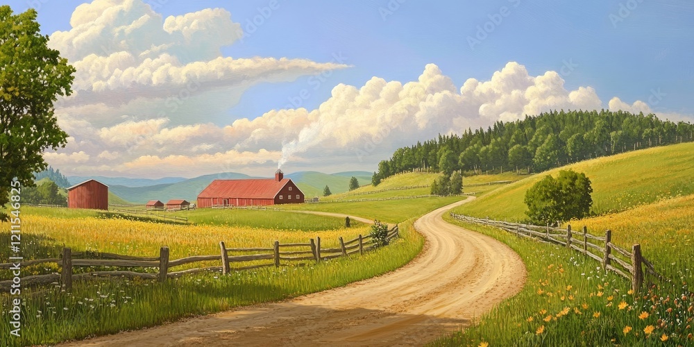 Fototapeta premium Serene rural landscape with a meandering dirt road leading through vibrant green meadows and colorful wildflowers under a bright blue sky