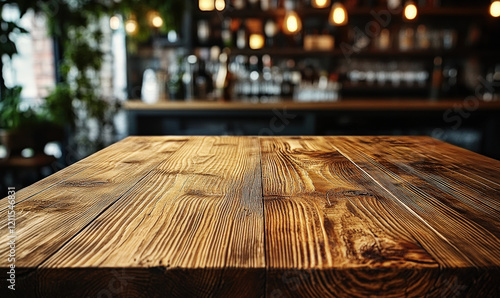 Wooden tables in the bar, dim indoor lighting photo