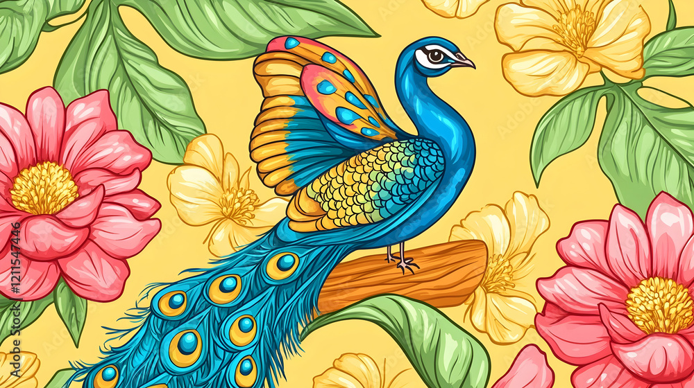 Peacock perched on branch amidst vibrant tropical flowers; nature design for textiles, wallpaper, or website Peacock perched on branch amidst vibrant tropical flowers; nature design for textiles, wallpaper, or website