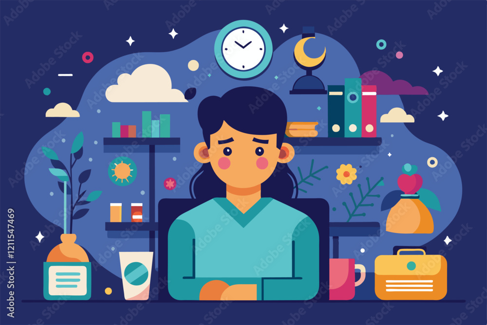 Person at a desk shows signs of insomnia amidst books and decorations under a night sky Insomnia Customizable Flat Illustration