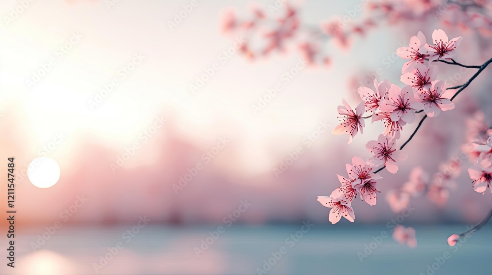Fototapeta premium Pastel spring concept. Delicate cherry blossoms in soft sunlight create a serene and dreamy atmosphere.