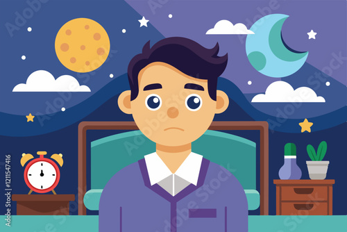 A young man sits in bed looking tired and restless in a nighttime setting Insomnia Customizable Cartoon Illustration