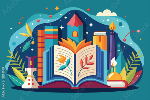 A vibrant open book displays flowers, surrounded by books, candles, and science tools amidst a colorful backdrop Inside book concept,