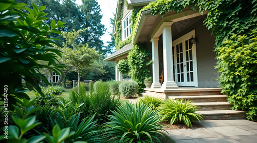 Luxury Home Exterior with Lush Greenery and Stone Walkway. Beautiful landscaping design, showcasing a stunning house with an inviting entrance and a serene garden atmosphere.