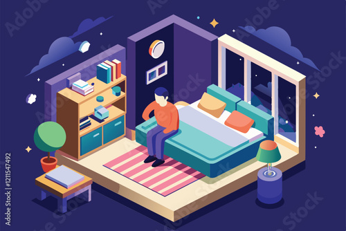 A man sits on his bed in a cozy bedroom, struggling with insomnia during the night Insomnia Customizable Isometric Illustration