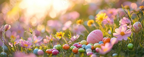 Pastel easter concept. Vibrant spring flowers and colorful Easter eggs in a sunlit meadow. photo