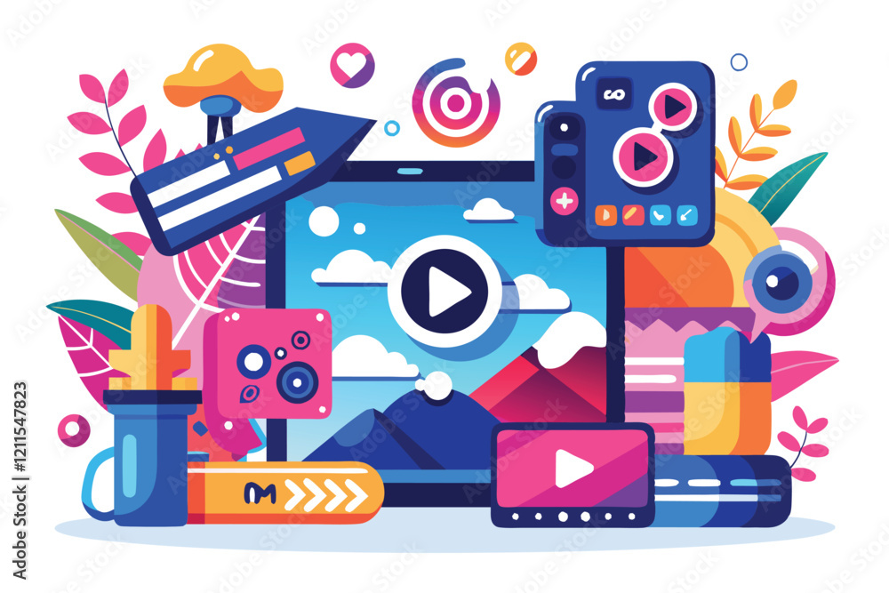 Vibrant design highlights various tools for personalizing online streaming and video content interaction video streaming Customizable Disproportionate Illustration Vibrant design highlights various tools for personalizing online streaming and video content interaction video streaming Customizable Disproportionate Illustration