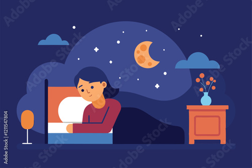 A person appears restless in bed, gazing at the night sky filled with stars and a crescent moon Insomnia vector flat minimalistic isolated