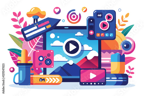 Vibrant design highlights various tools for personalizing online streaming and video content interaction video streaming Customizable Disproportionate Illustration