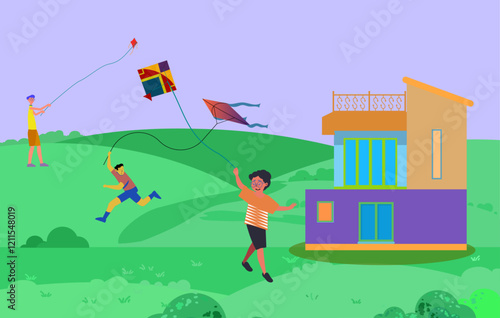 In different locations, three friends are happily engaging in kite flying as they commemorate Makar Sankranti