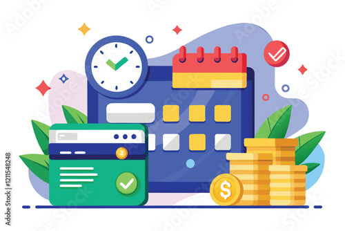 A digital display shows a calendar for installment payment dates alongside financial tools and coins indicating savings, Installment payment date by credit card concept