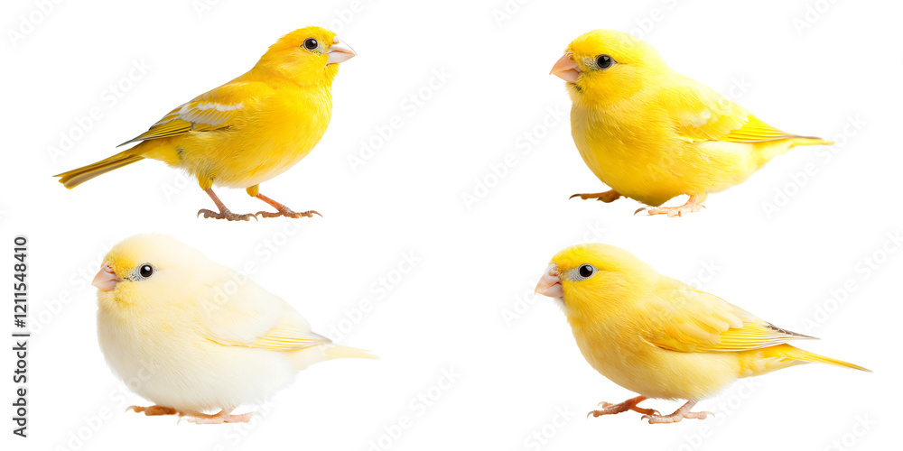 Bright yellow canaries in various poses, showcasing their vibrant feathers and charming expressions Bright yellow canaries in various poses, showcasing their vibrant feathers and charming expressions