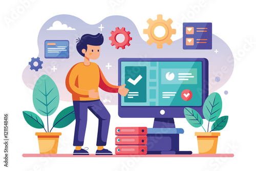 A person stands near a computer, installing software amid colorful decorations and greenery Install the software to the computer