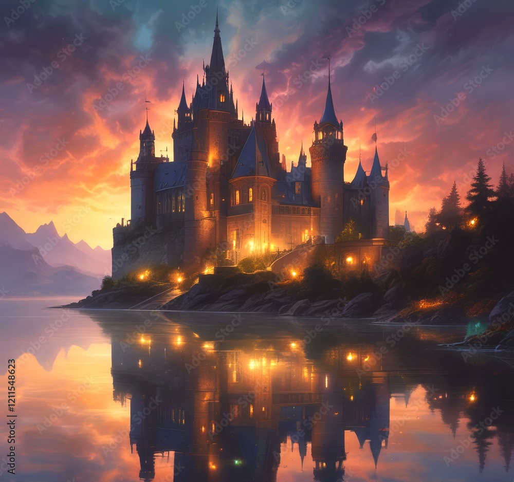 Naklejka premium Illustration of glowing mystery tower castle in night.