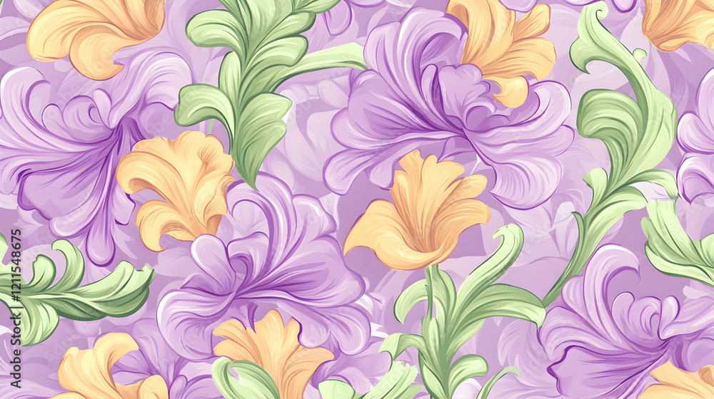 Purple and yellow floral pattern, seamless design, textile print, background for websites Purple and yellow floral pattern, seamless design, textile print, background for websites