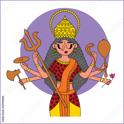 Goddess Durga with Weapons Durga Puja Festive Illustration Highlights Goddess Durga with her weapons, symbolizing the triumph of good over evil.