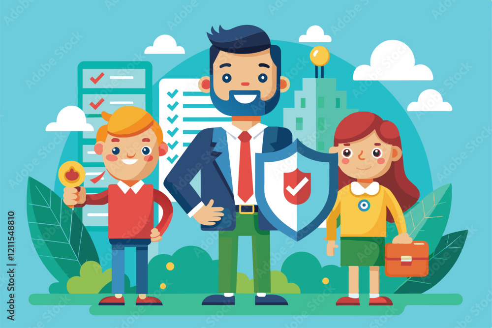 A cartoon features three characters engaged in friendly discussions about insurance customization and options, Insurance Customizable Cartoon Illustration A cartoon features three characters engaged in friendly discussions about insurance customization and options, Insurance Customizable Cartoon Illustration