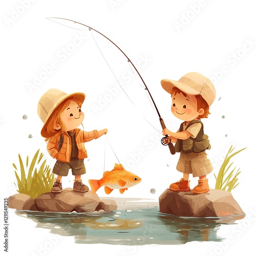 Happy Children Fishing by the Riverbank. photo