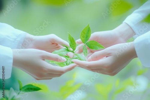 Sustainable Collaboration Green Ecology Business Company. Trust Partners Team Welcome hands holding green plant together. Hands Stacked of Partners with Green Sustainable Develop Business Concept., Ge photo