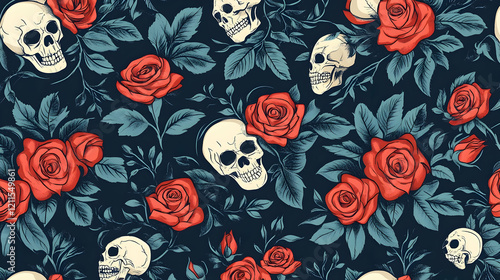 Wallpaper Mural Red roses and skulls seamless pattern; dark background, gothic design; for textile, wallpaper, or web design Torontodigital.ca
