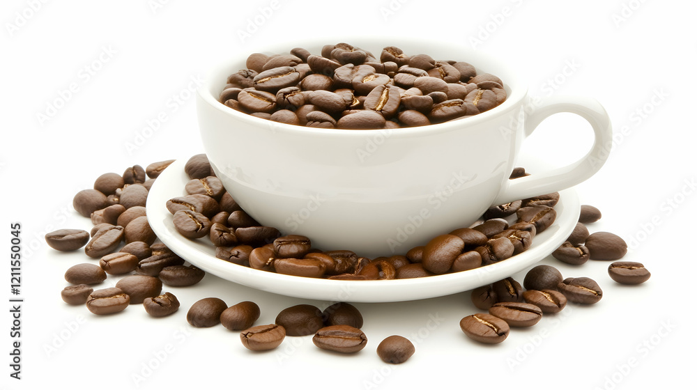Fototapeta premium Roasted coffee beans in a white cup and saucer on a white background; perfect for coffee-related websites or packaging