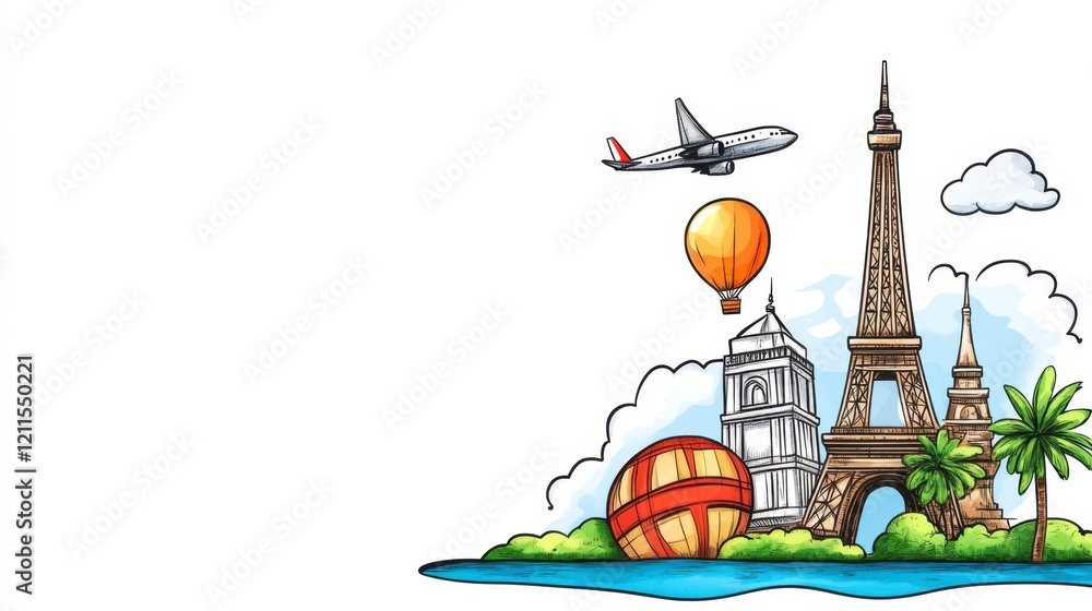 Iconic Landmarks and Travel Elements Illustrating Adventure and Culture Iconic Landmarks and Travel Elements Illustrating Adventure and Culture