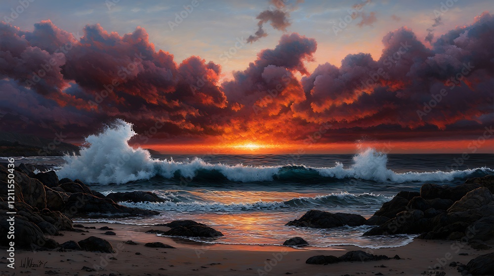 Obraz premium Dramatic sunset over ocean waves crashing on rocky beach; coastal art print