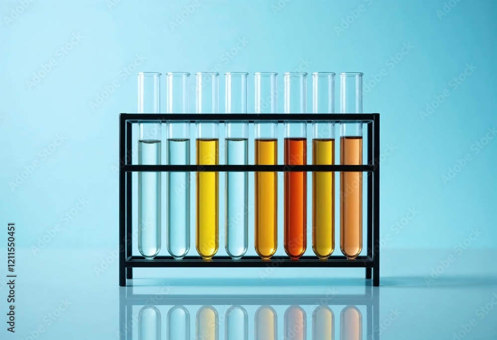 Row of test tubes with colorful liquids against a bright blue background, evoking a sense of scientific exploration. Row of test tubes with colorful liquids against a bright blue background, evoking a sense of scientific exploration.