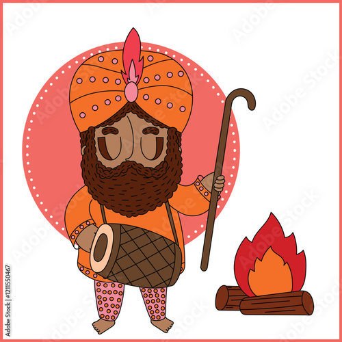 Traditional Lohri festival drummer and bonfire, a cultural depiction of the harvest season.