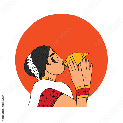 Bengali Devotee Blowing Conch Shell Durga Puja Illustration Captures a devotee blowing a conch shell, symbolizing the start of Durga Puja rituals.