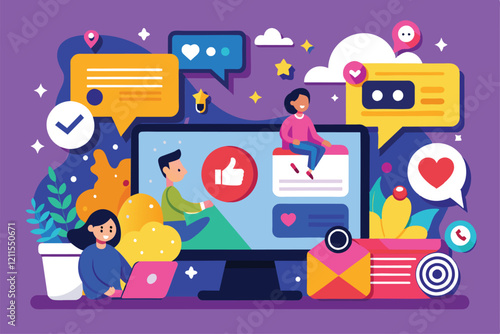 Bright graphics depict users engaging on social media with likes, messages, and reactions amidst vibrant backgrounds, Interaction via social media trending