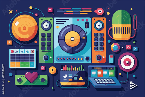 Digital interface displaying vibrant music production tools and controls for creating and mixing audio tracks, Interface elements for music programs and applications for dj concept,