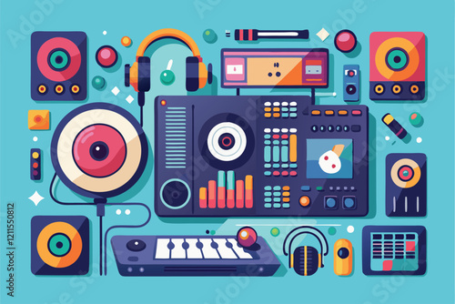 A vibrant layout of music production tools showcasing various interface elements and instruments for creativity, Interface elements for music programs and applications for dj concept,