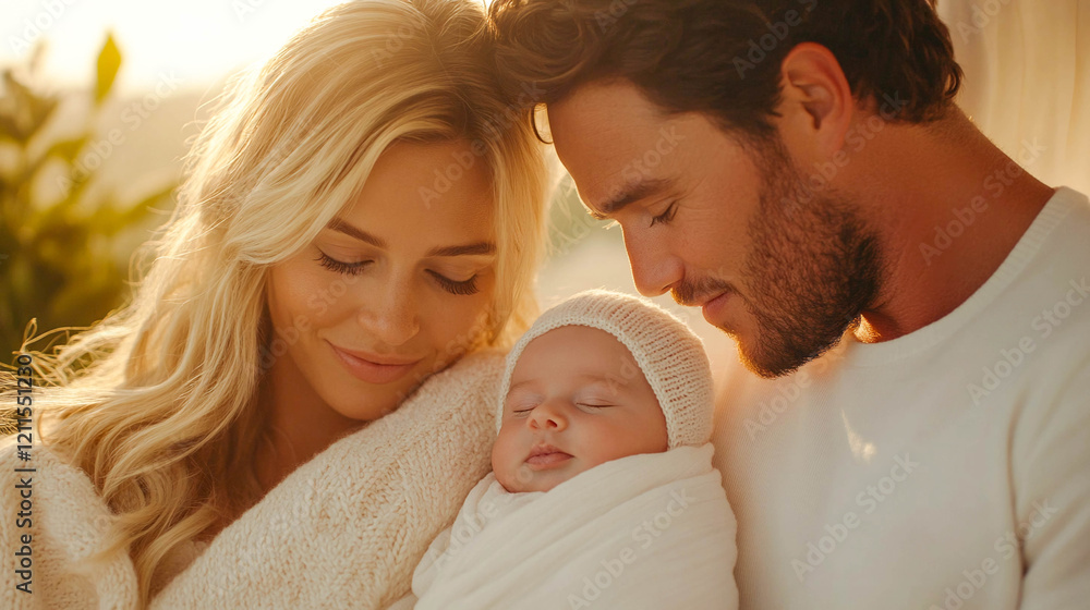 A young couple gently hugging a sleeping newborn baby against the sunset. A young couple gently hugging a sleeping newborn baby against the sunset.