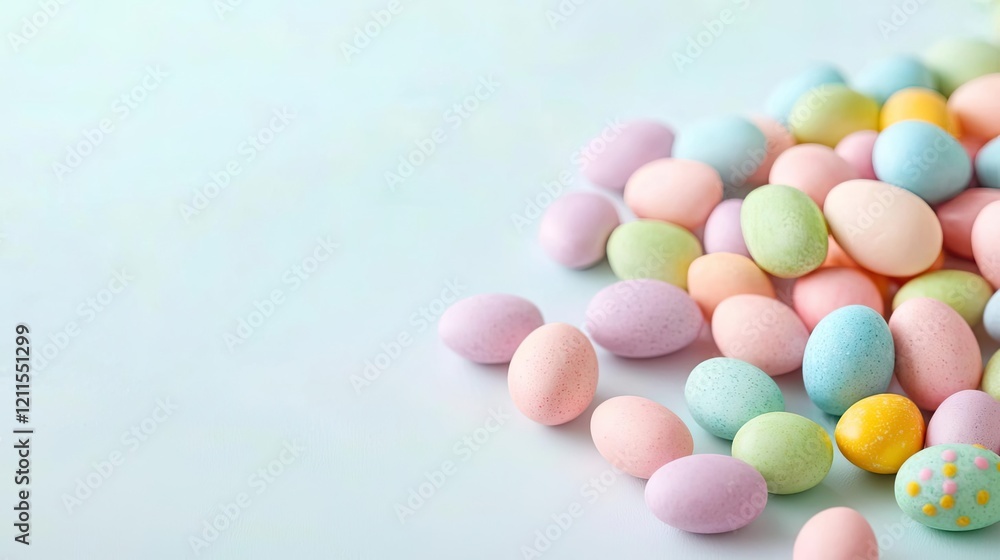 Pastel easter concept. Colorful pastel candy eggs scattered on a light background for festive occasions. Pastel easter concept. Colorful pastel candy eggs scattered on a light background for festive occasions.