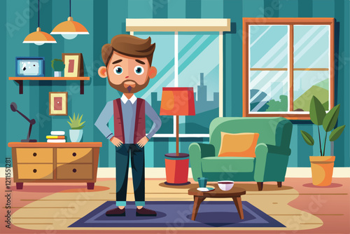 A man looks thoughtfully around his inviting living room filled with plants, a cozy couch, and warm lighting, Interior design Customizable Cartoon Illustration