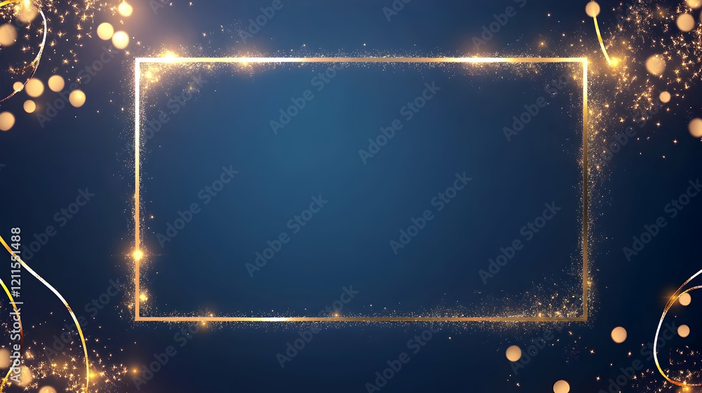 Obraz premium Sparkling golden frame on navy blue background with bokeh lights; ideal for celebratory invitations or website banners