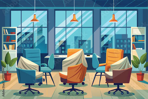 A lively office features colorful chairs and large windows that display a bustling city skyline, Interior of light office with chairs wrapped in stet