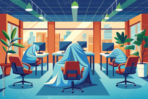 A spacious office with covered chairs and workstations, showcasing a calm and organized work environment, Interior of light office with chairs wrapped in stet