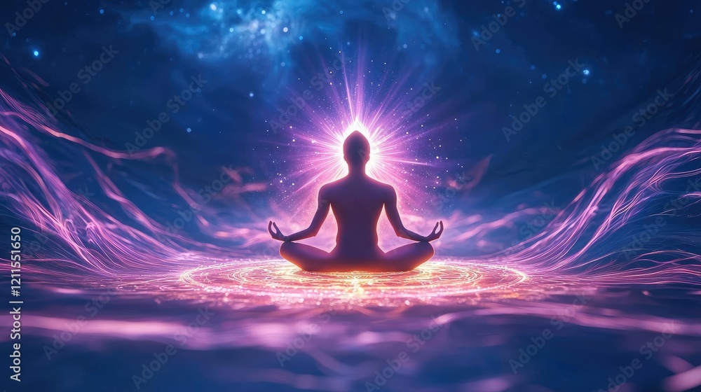 A radiant human figure meditating inside a glowing mandala surrounded by cosmic energy waves, symbolizing spiritual purpose A radiant human figure meditating inside a glowing mandala surrounded by cosmic energy waves, symbolizing spiritual purpose