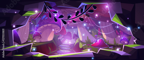 Magic mushroom forest at night - view from inside cave. Glowing fungi scattered across mystical landscape. Purple illuminated environment with luminescent plants, fireflies, leafy vines, stone path.