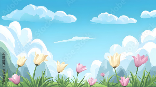 Springtime tulips in mountain valley, sunny sky; idyllic landscape background for website banners