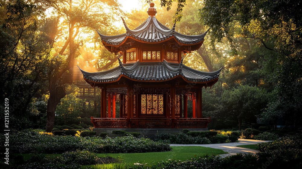 Fototapeta premium Serene Chinese Pagoda in a Lush Garden: Sunrise Landscape Photography